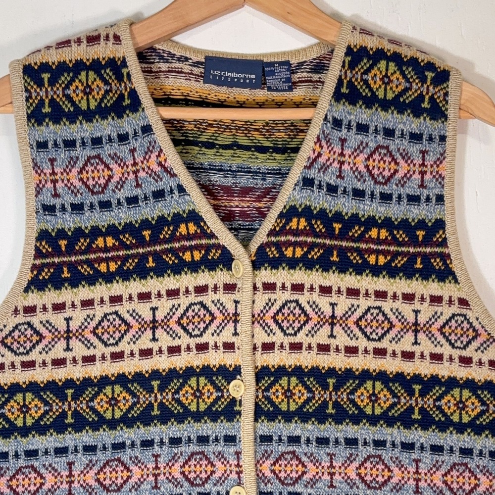 VTG 90s Liz Claiborne Striped Sweater Vest Womens M Fair Isle Knit Grandmacore